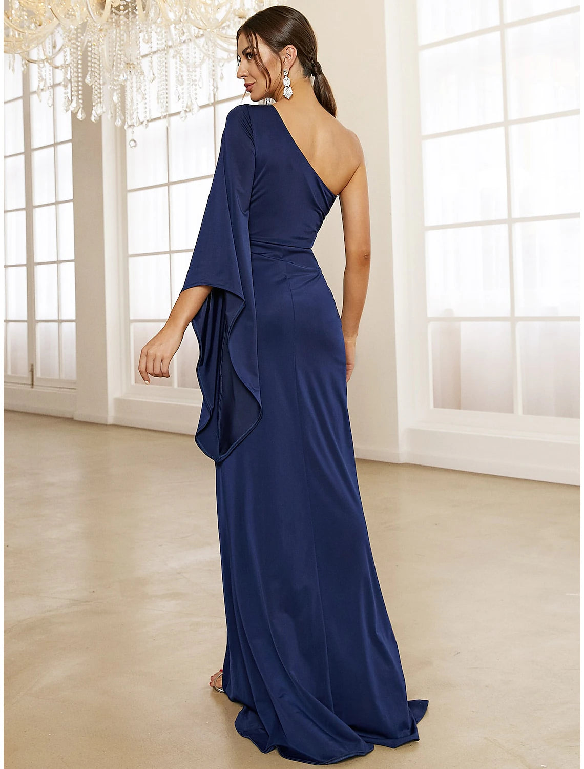 A-Linie Abendkleid Elegantes Kleid Formeller Herbst Sweep / Brush Train Langarm Eine Schulter Stretchstoff mit Falten Geraffter Schlitz